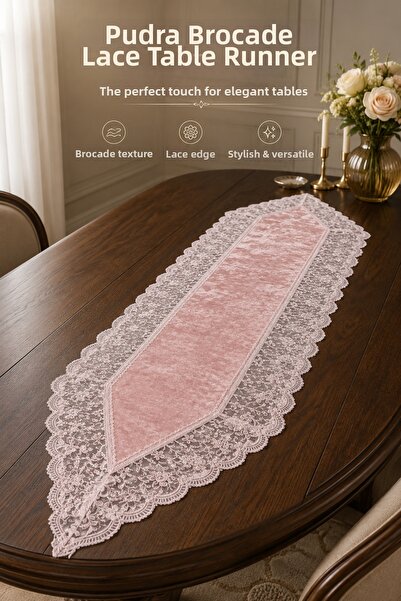 Fabrix Home Powder Velvet Lace Detailed Runner Stylish Tablecloth Living Room...