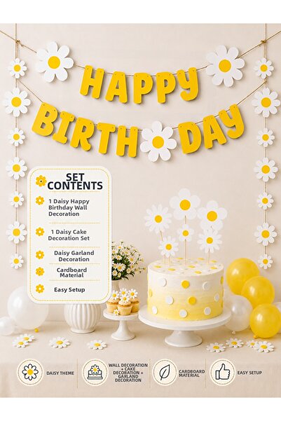 Partifabrik Daisy Themed Party Set 3-Piece Cake Decoration Happy Birthday Pen...