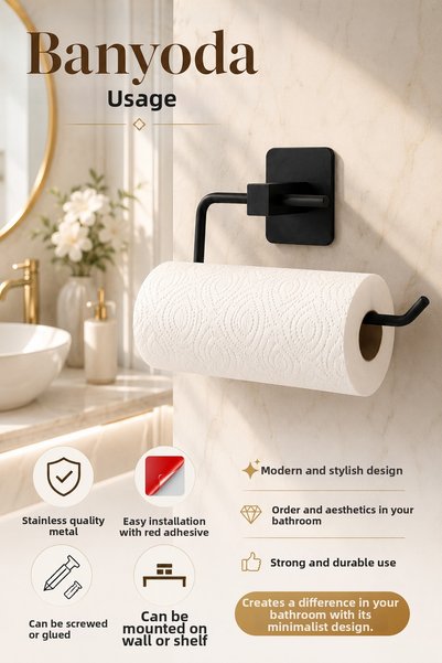farklı evim Adhesive Square Paper Towel Holder Black Metal under Cabinet and Wall Mounted Paper Towel Rack Kitchen Bathroom Towel Holder
