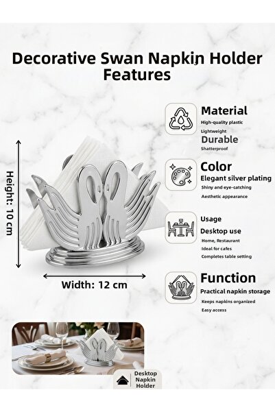 LUCES DESİGN Silver Colored Decorative Swan Napkin Holder Plastic (12X10Cm)