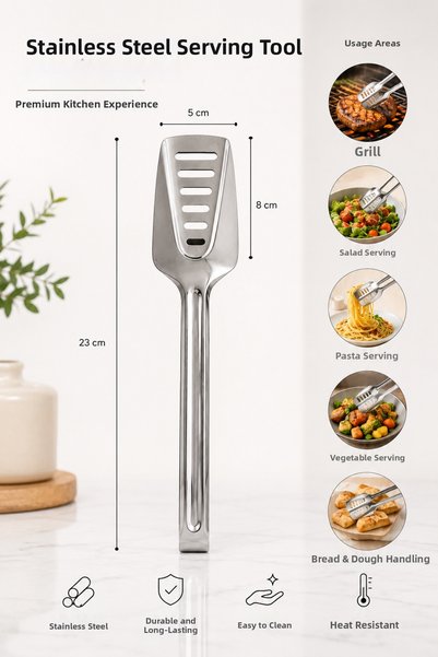 KLARHAUS Katty Stainless Steel Serving Tongs – Multi-Purpose Kitchen Tongs with Wide and Perforated Heads, 23 cm