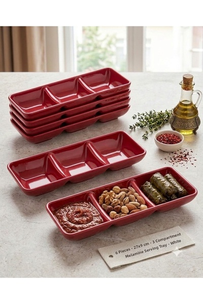 BİODATA 6 Pieces of Unbreakable Melamine 3-Compartment Snack Bowl and Sauce B...