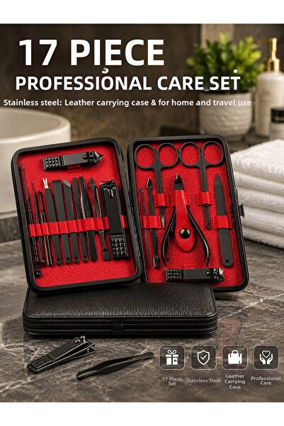 pınaxar Black Stainless Steel 17 Piece Manicure Pedicure Set with Leather Case