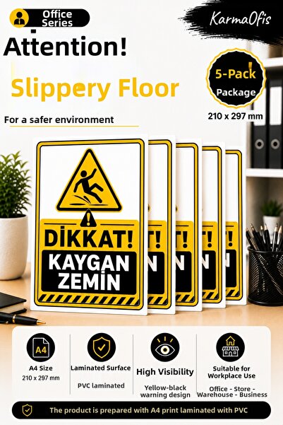 KarmaOfis A4 Caution Slippery Floor Warning Sign Pvc Laminated Wet Floor Caut...