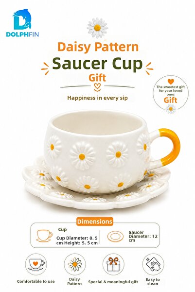 DolphFin Daisy Patterned Ceramic Mug with Plate Gift Coffee Tea Cup 8.5 X 5.5 cm