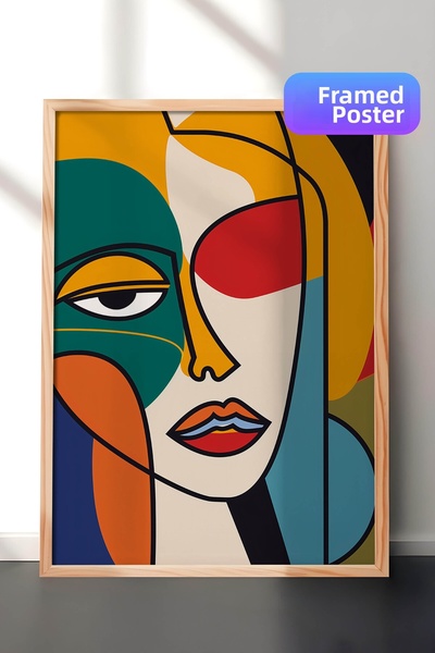 Zestia Pictură murală modernă cubistă cu ramă din lemn, portret abstract colo...