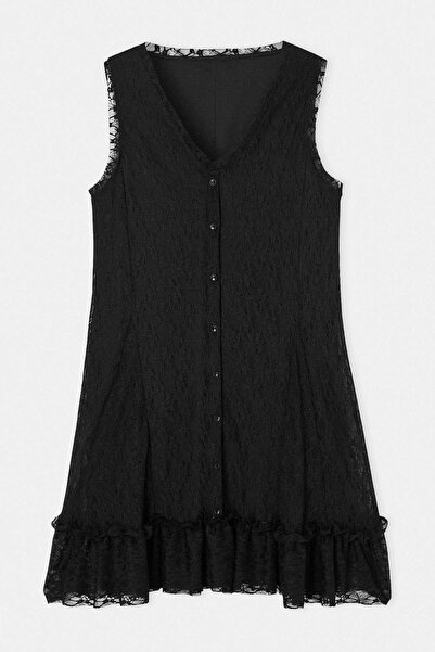 Trendyol Curve Μαύρο φόρεμα Δαντέλα V-Neck A-Line Plus Size TBBSS26AH00220