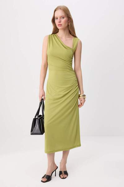 Trendyol Collection Oil Green Bodycon Asymmetrical Collar Sleeveless Shirred ...