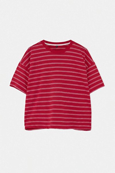 Trendyol Curve Burgundy Striped Boxy/Relaxed Fit Short Sleeve Cotton Blend Kn...