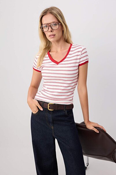 Trendyol Collection Multi-Colored Striped Regular/Normal Fit V-Neck Tok Cotto...