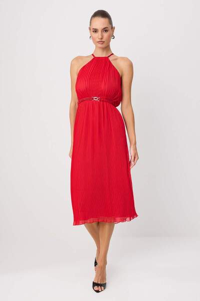 Trendyol Collection Red Belted Pleated Chiffon Flight-Flight Woven Midi Dress...