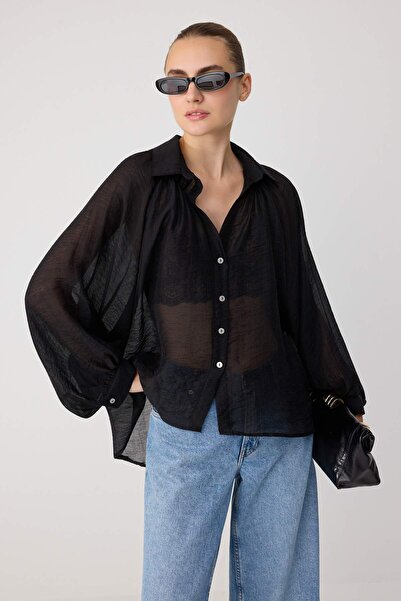 Trendyol Collection Black Slim Fit Balloon Sleeve Woven Shirt Twoss26Go00139