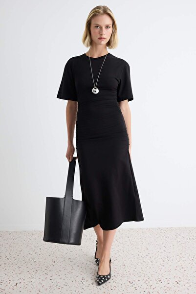 Trendyol Collection Black Bodycon Shirred Detail Crew Neck Midi Lycra Single ...