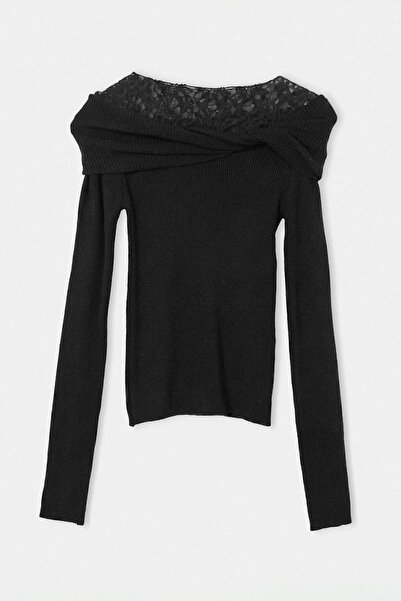 Trendyol Collection Pulover negru premium din tricotaj cu dantelă din fir spe...