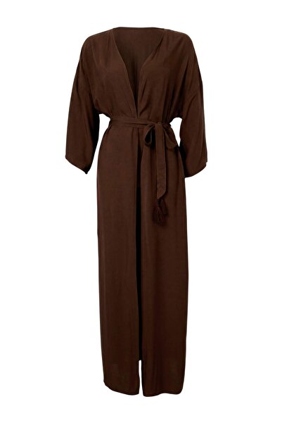 Trendyol Collection حزام بني مسطح طويل منسوج 100% فيسكوز كيمونو وكفتان TBESS2...