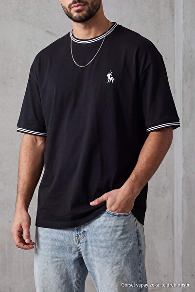 Συλλογή Trendyol Μαύρο T-Shirt με υπερμεγέθη/φαρδιά γραμμή, κεντημένο με άλογ...