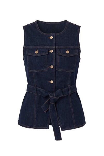 Trendyol Collection Vestă din denim cu centură albastră și detalii buzunare T...