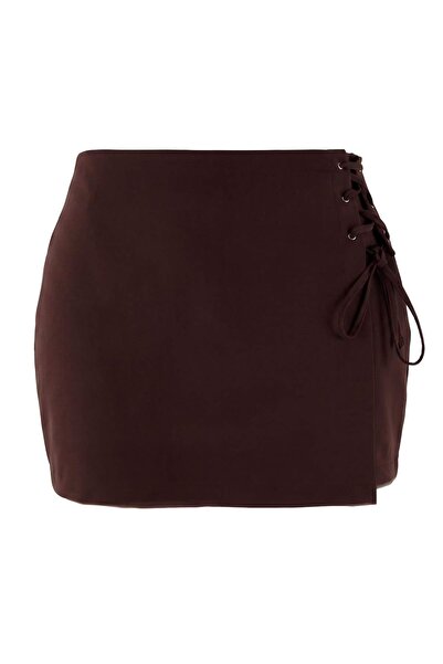 Trendyol Curve Brown Woven Lace Detailed Mini Plus Size Shorts Skirt Tbbss22A...