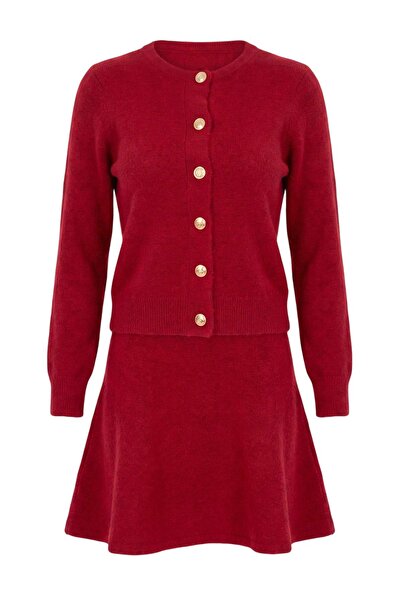 Trendyol Collection Red Soft Textured Cardigan-Skirt Knitwear Bottom-Top Set ...
