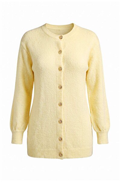 Trendyol Modest Yellow Plain Button Detailed Textured Hijab Knitwear Cardigan...