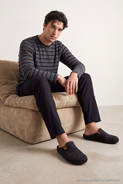 Trendyol Collection Anthracite Regular Striped Waffle Textured Knitted Winter...