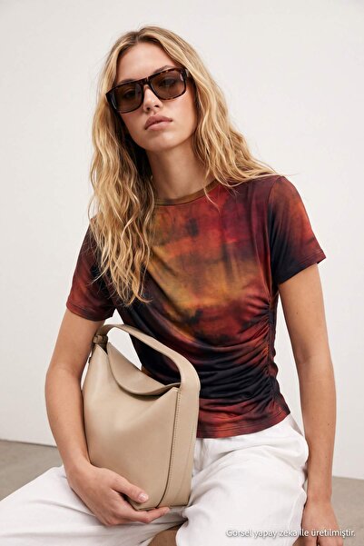 Drop by TrendyolMilla Purple-Multicolor Tie-Dye Patterned T-Shirt with Drawst...