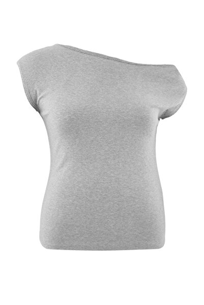Trendyol Curve Gray Melange Premium Soft Fabric Fitted Kayak/Madonna Collar F...