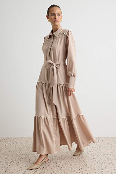 Trendyol Modest Beige Piping Detailed Skirt Layered Flowy Maxi Woven Belted H...