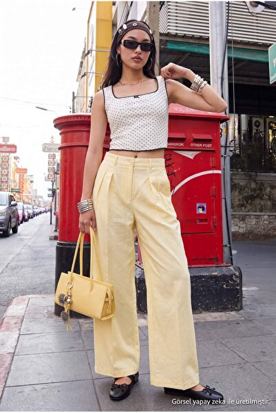 Trendyol Collection Light Yellow Wardrobe Essentials –Gabardine Crop Wide Leg...