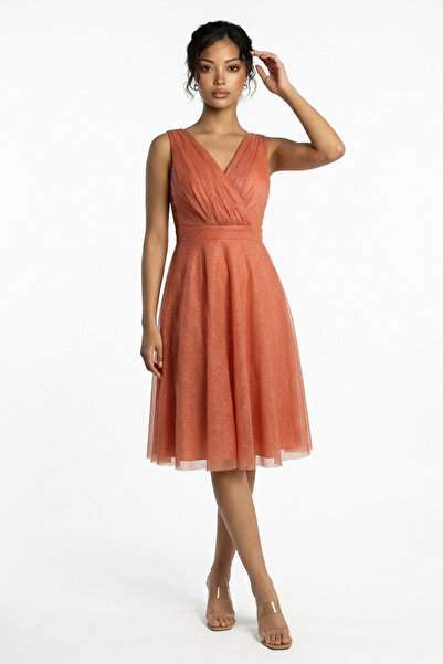 By Saygı Γυναικείο κοντό φόρεμα με διπλό γιακά με επένδυση με ασημί λάμψη