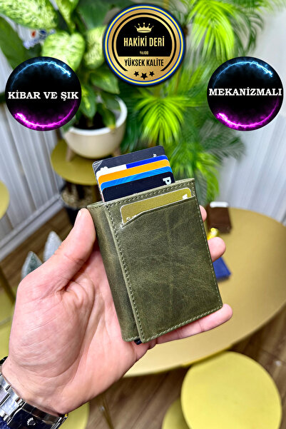 CüzCan Unisex Antik Yeşil Hakiki Deri Mekanizmalı Cüzdan - (isme Özel)