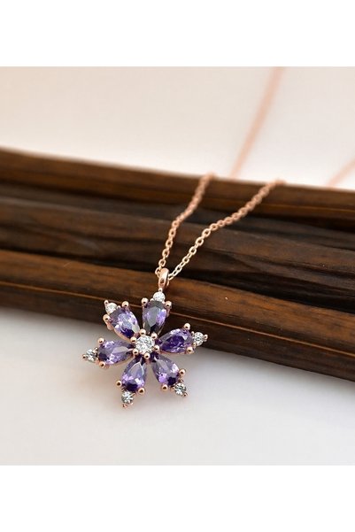 Zey Parıltı Purple Stone Lotus Camellia Flower Stylish Designed Women's Necklace
