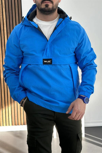 Edwox Erkek Slim Fit Krinkıl Kumaş Kanguru Cepli Yarım Fermuarlı Yağmurluk Mo...