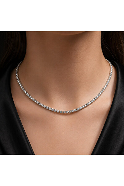 angelloop Zirkon Taşlı Su Yolu Tenis Kolye- Taşlı Chocker Kolye-Gümüş 3 mm- M...