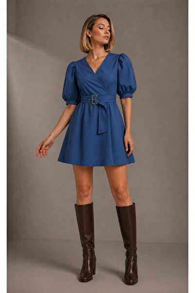 UNTIMELY Balloon Sleeve Indigo Color Belted Dress