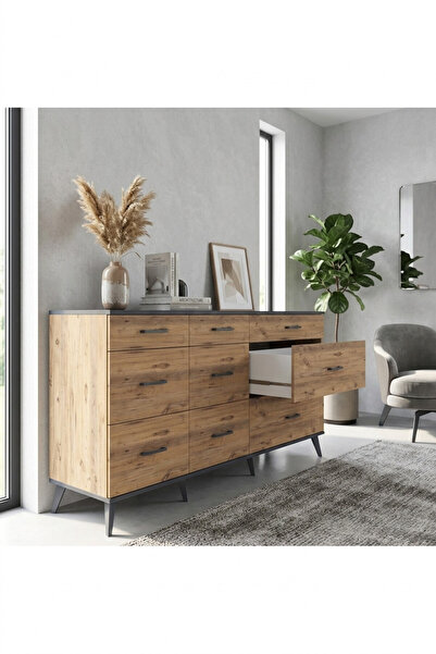 Dienni Hyperion Konsol 9 Çekmeceli 176x44x99 Çam-Antrasit/Çam
