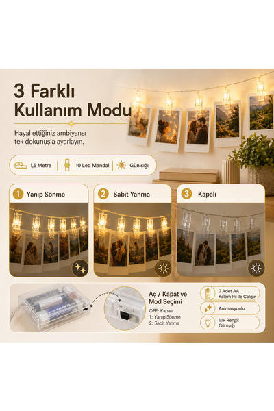 ORİJİNALDÜKKAN 1,5 metre Pilli Led Işıklı Fotoğraf Mandalları Animasyonlu Çocuk Bebek Odası Aydınlatma Organizasyon