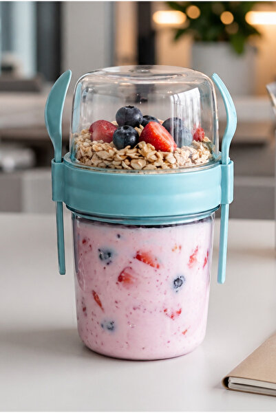 Eynel 650 ml Take-Go Kaşıklı Hazneli Meyveli Müsli Kabı Piknik İş Atıştırmalı...