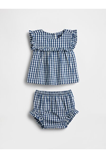 GAP Bebek Lacivert Gingham Denim Volan Outfit Set