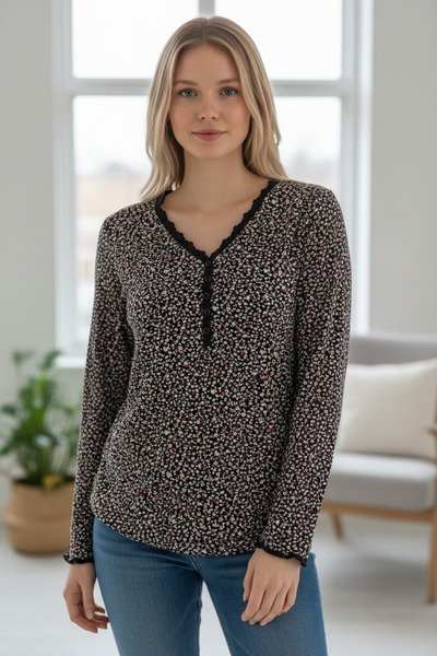 Bumedo Floral Patterned V-Neck Lace Detailed Stylish Comfortable Fit Quality ...