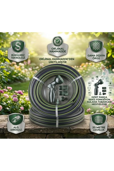 Bahçem Bahçe Hortumu 1/2'' 20mt + 4 Fonksiyonlu Sulama Tabancası Seti