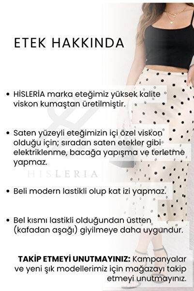 Hisleria Puantiye Desen Verev Viskon Saten Kumaş Midi Boy Etek - Krem Zemine Puantiye
