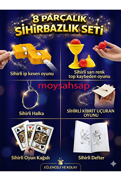 moysahsap party&ahşap 8’li Sihirbazlık Seti (Kibrit, Defter, Halka, Kupa, İp,...