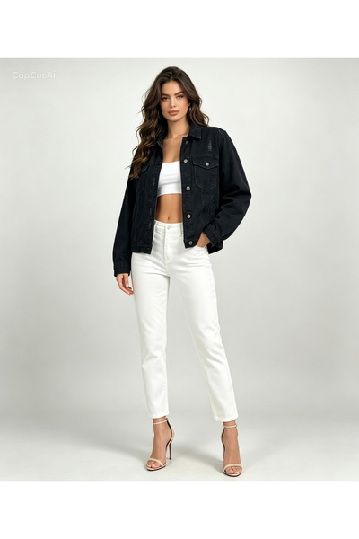 Ore design Siyah ,Yıpratma Detaylı Oversize Denim Ceket OYOK26CE2190