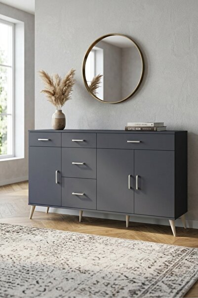 Dienni Arges Konsol 2 Raflı 5 Çekmeceli 3 Kapaklı 176x30x99 Antrasit-Antrasit