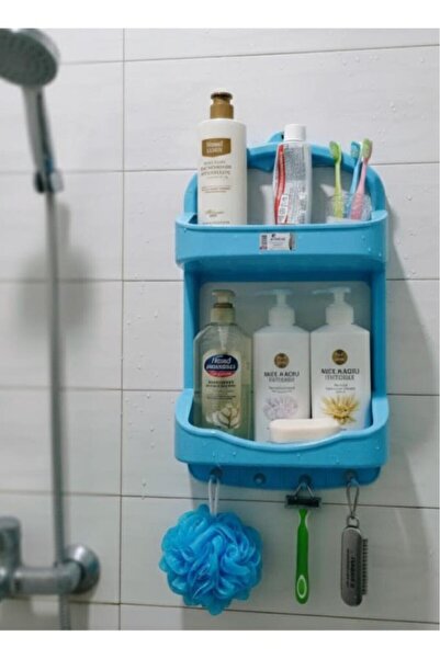 abnturk Mavi Banyo Rafı 2 Katlı Askılı Şampuanlık 47x27 Boyu Paslanmaz Heryer...