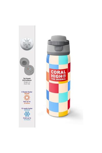 Coral High Multi-Colored Checkerboard Patterned Steel Thermos with Straw and ...