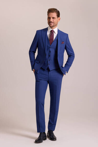 Ysf Erkek Saks Mavisi Slim Fit Sivri Yaka Yelekli Yün Takım Elbise
