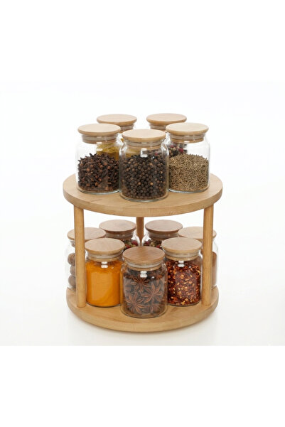 ÖZ HOME 10-Piece Rotating Stand Vacuum Bamboo Lid Glass Spice Rack Storage Jar