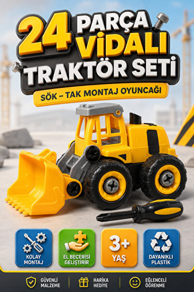 viyolmarketim 24 Parça Vidalı Oyuncak Traktör – Sök Tak İş Makinesi Seti | Eğ...